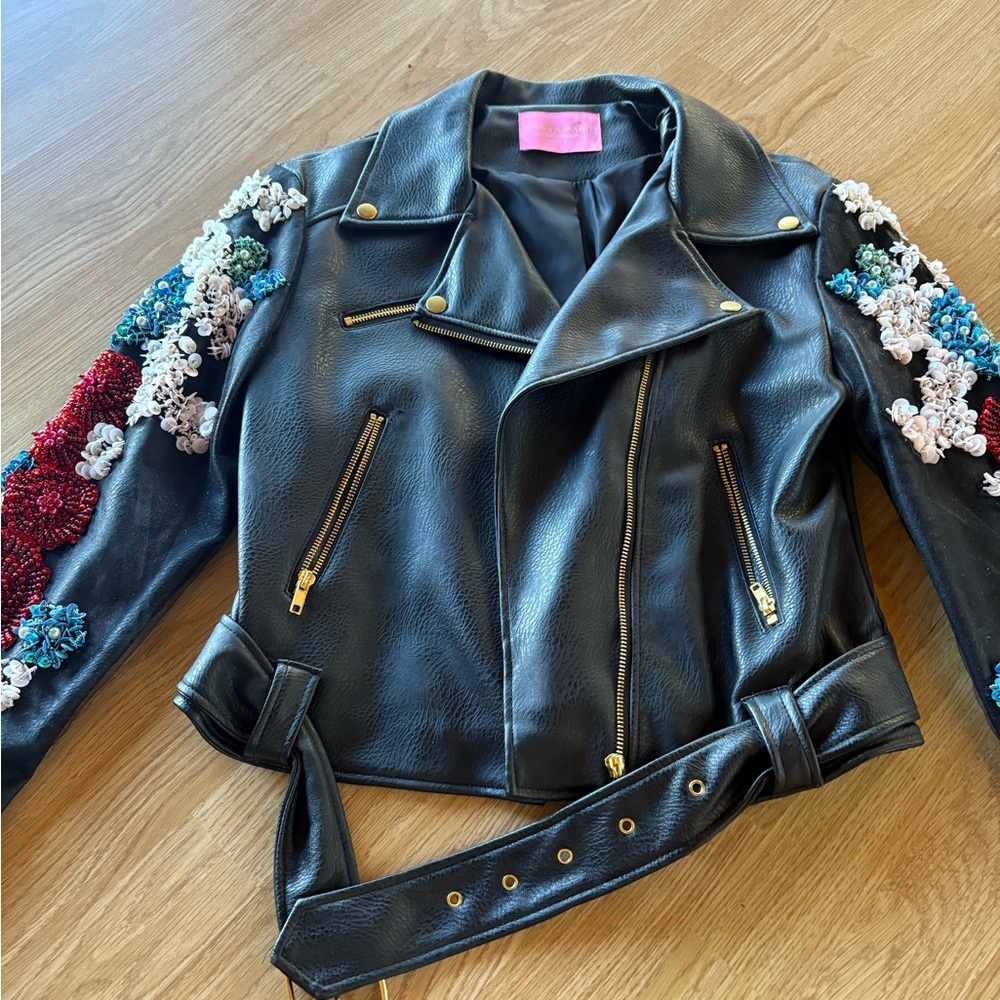 Rodeo Quincy Black Leather Jacket w floral fabric design